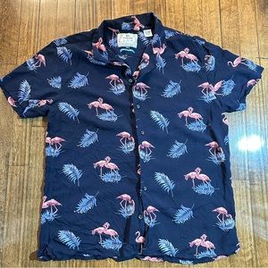 MBX Premium Mens Good Vibes‎ Only Short Sleeve Button Blue Flamingo Shirt Sz XL
